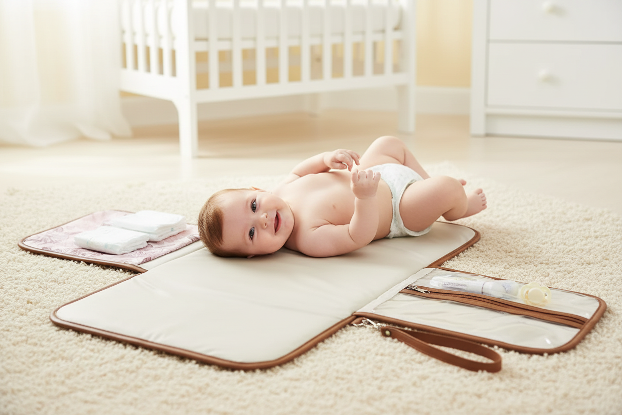 Baby lying on back on open changing pad in pastel yellow nursery
